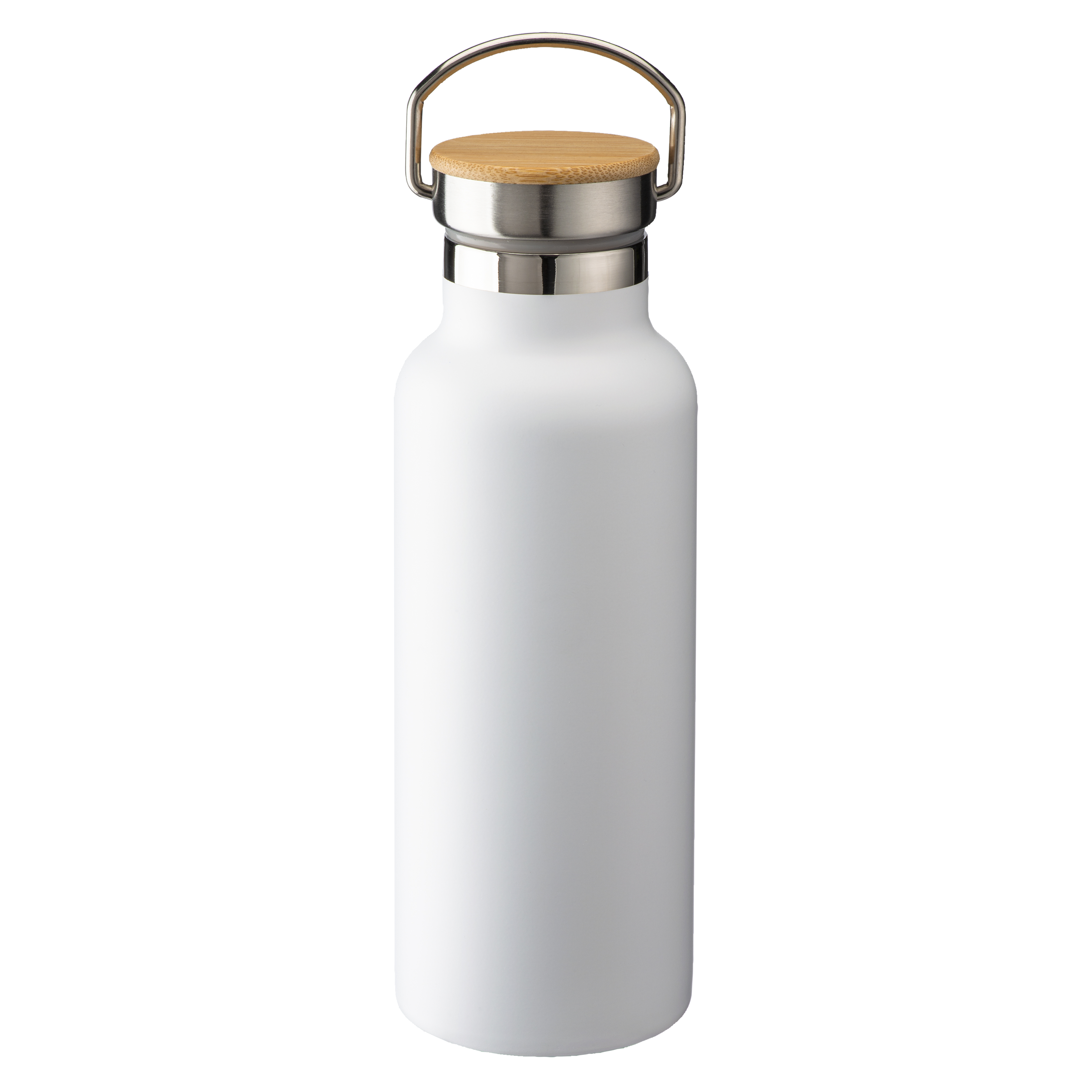 BOTTIGLIA BIANCA LUCIDA 500 ml. DOPPIO STRATO IN ACC.INOX PER SUBLIM. Ø cm.7XH21 C.TAPPO IN BAMBOO ART. BC151