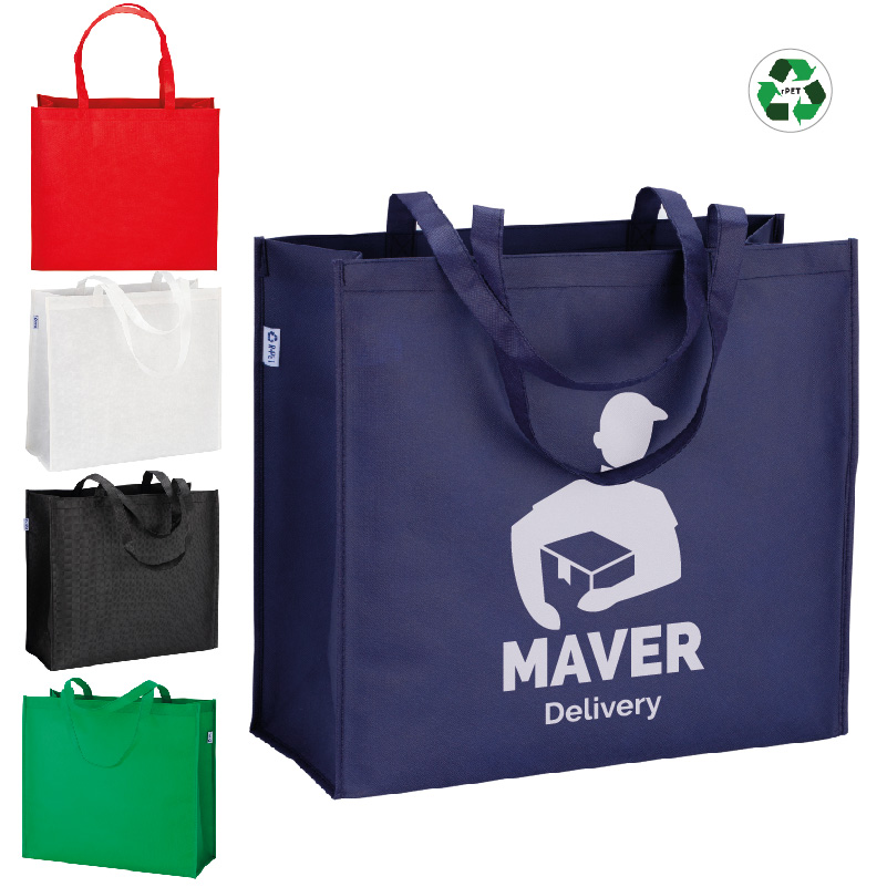 SHOPPER CON SOFFIETTO IN R-PET 80G/M2 , 45X40X18cm, MANICI LUNGHI ART.SH549